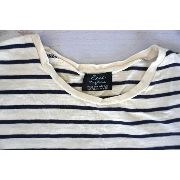 Zara Trafaluc Women's Navy Cream Striped Boxy Tee - Size S - Picture 2 of 4